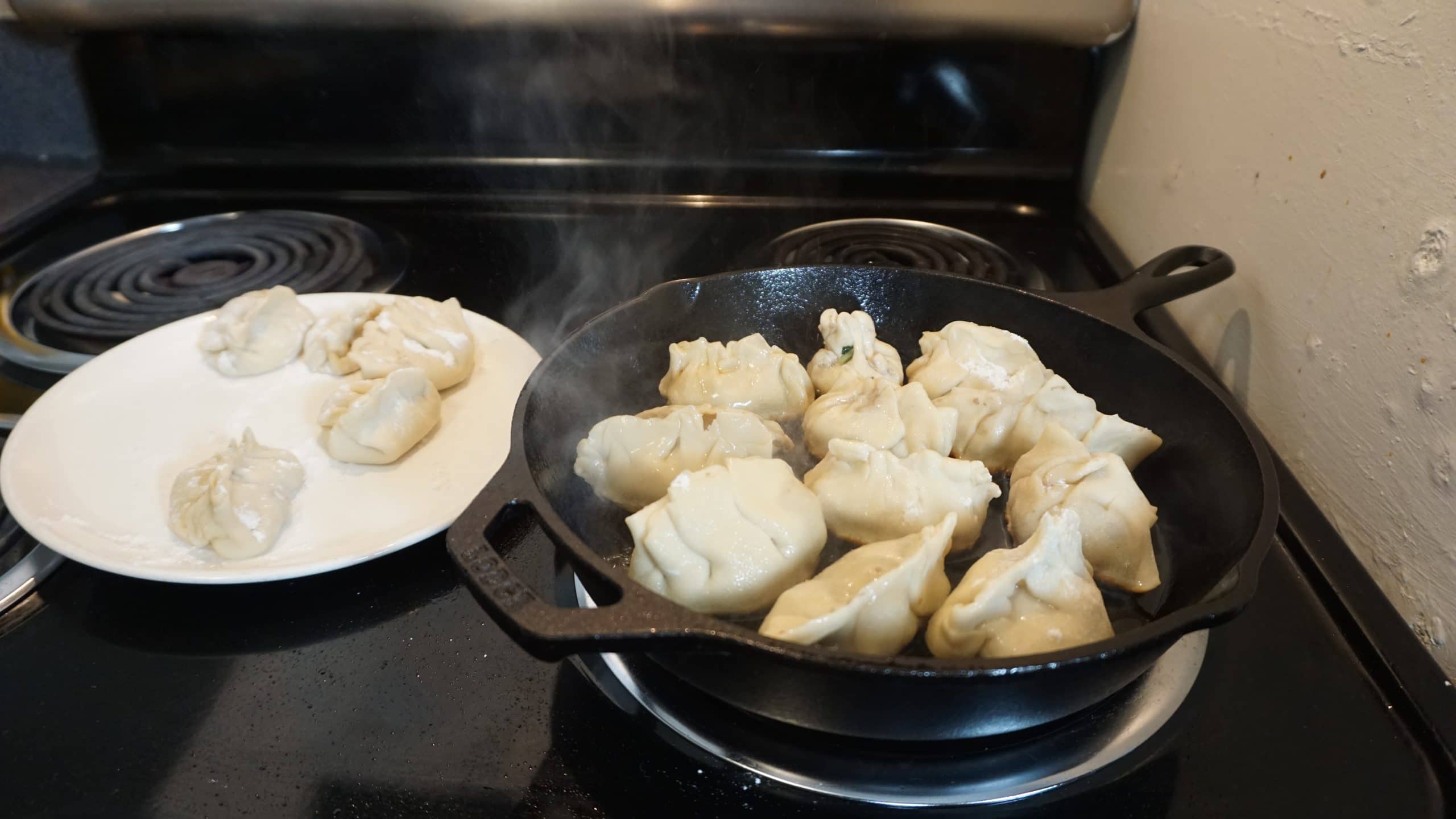 Pork dumplings in a cast iron skillet